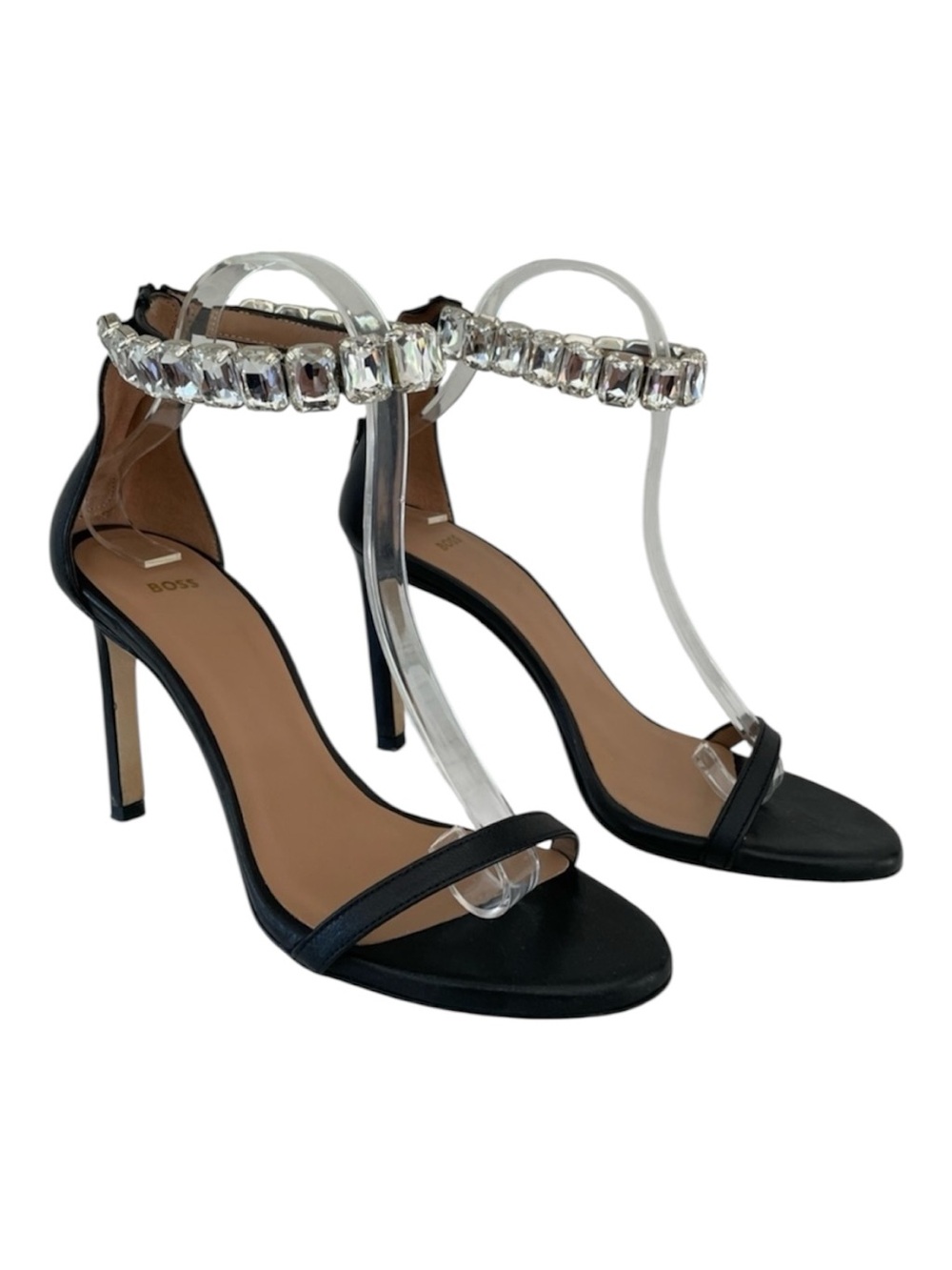 BOSS Janet Crystal Ankle Strap Heels Black Nappa Leather Evening Sandals
